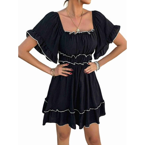 Solid Color Ruffled Short-Sleeved Dress for Women Black XL