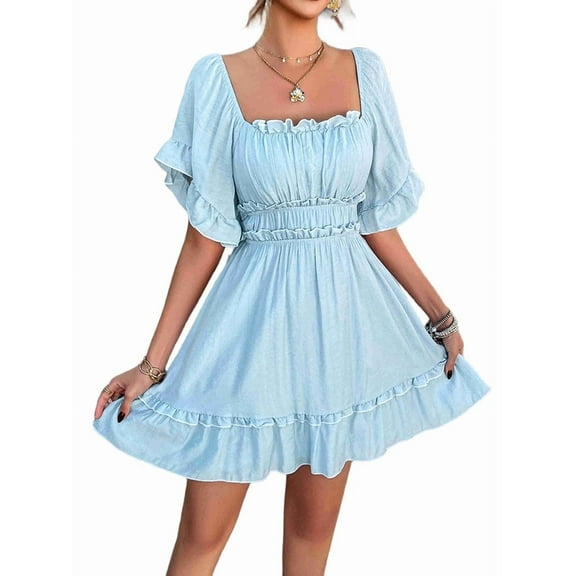 Solid Color Ruffled Short-Sleeved Dress for Women Blue L