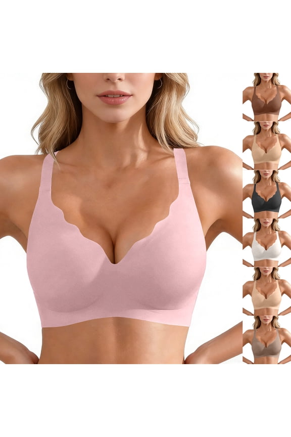 Solid Color Scalloped Lift Bras for Women No Underwire Soft Push Up Wireless Bras V Neck Seamless Bralettes - Jelly Bras for Women Daily No Underwire Seamless Push Up Bras Gray 34