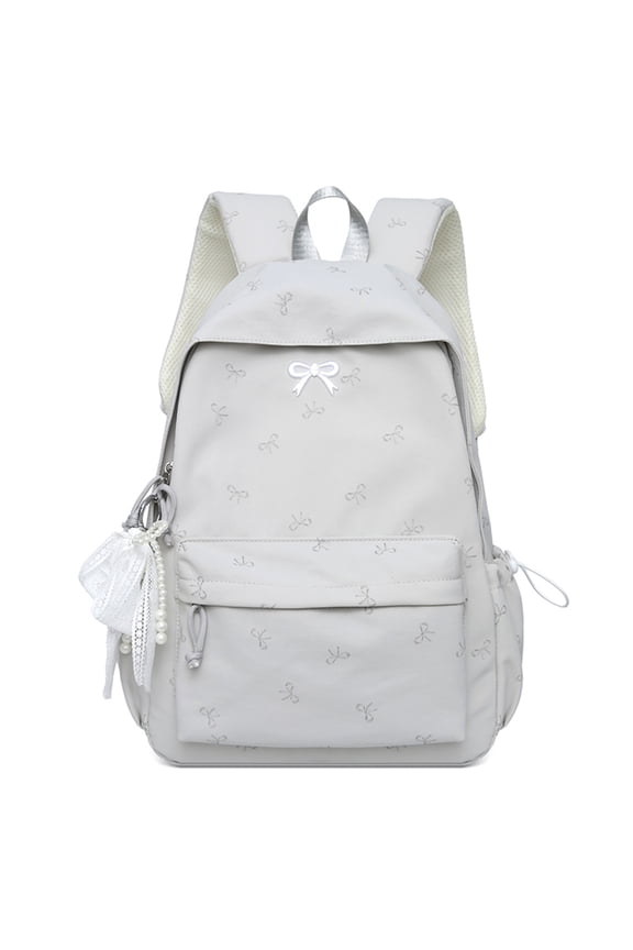 Solid Color School Backpack, Bow Embroidery Backpack with Pendant, Lightweight Breathable Bookbag for Middle School College, Gray