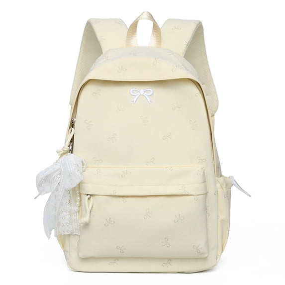 Solid Color School Backpack, Bow Embroidery Backpack with Pendant, Lightweight Breathable Bookbag for Middle School College, Yellow