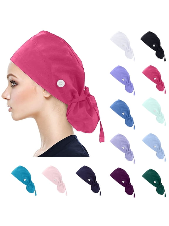Solid Color Scrub Cap with Buttons Tie Back Working Surgical Hat Breathable Nurse Cap Adjustable Medical Head Cover One Size