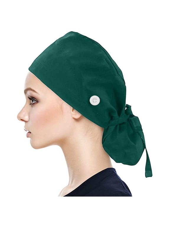 Solid Color Scrub Caps Women Ponytail Cute Nursing Nurse Hats for Long Hair wth Buttons Custom Washable Nurse Caps,One Size