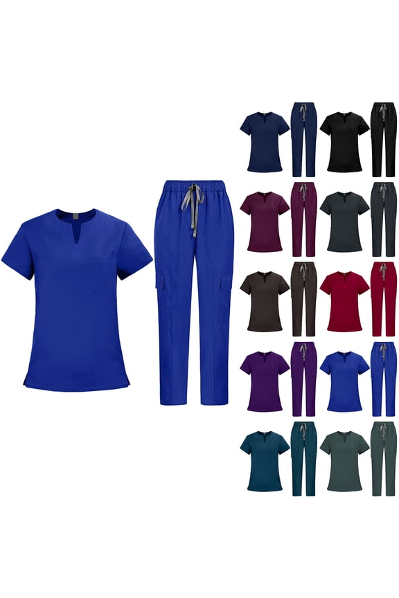 Solid Color Scrub Set for Women, Short Sleeve Mock Neck Top & Elastic Waist Pants, Simple & Comfortable CNA Uniform for Daily Wear Coffee S