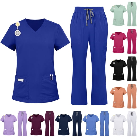 Solid Color Scrub Set for Women, Solid Color Short Sleeve Top & Relaxed Fit Pants, Easy-Care Workwear for Caregivers & Home Health Aides White M