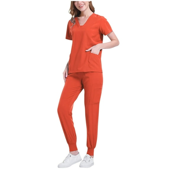 Solid Color Scrubs for Women Set Stretch V-Neck Scrub Top & Jogger Pant with Drawstring - Quick Dry Nurse Uniforms Women Set with Multi Pockets - Lightweight Slim-Fit Loungewear Orange XL