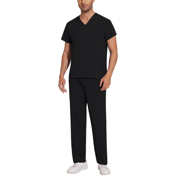 Solid Color Scrubs for Men Set - V-Neck Short Sleeve Top and Pants Nurse Uniform with Multi Pockets