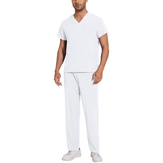 Solid Color Scrubs for Men Set - V-Neck Short Sleeve Top and Pants Nurse Uniform with Multi Pockets