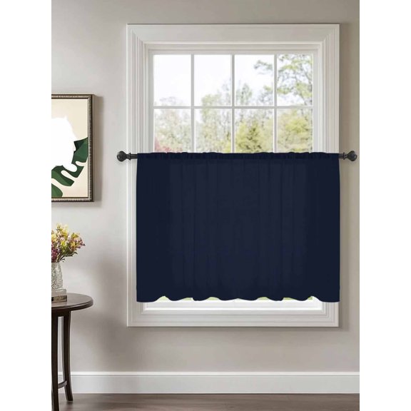 Solid Color Sheer Curtains 54 Inch Long 1 Panel Dark Blue Rod Pocket Voile Cafe Curtains Light Filtering Small Window Treatments for Kitchen Basement 52" x 54"