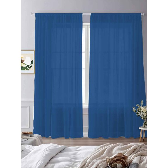 Solid Color Sheer Curtains 84 inches Long 2 Panels Set Navy Blue Tiers Sheers Rod Pocket Small Window Short Curtains for Kitchen Cafe, Each 52" W x 84" L