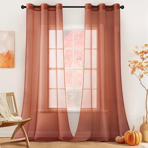 Solid Color Sheer Curtains 96 Inches Long 2 Panels Set - Fall Terracotta Rust Lightweight Grommet Light Filtering Window Voile Drapes/Treatment for Bedroom Living Room W42 x L96, Burnt Orange