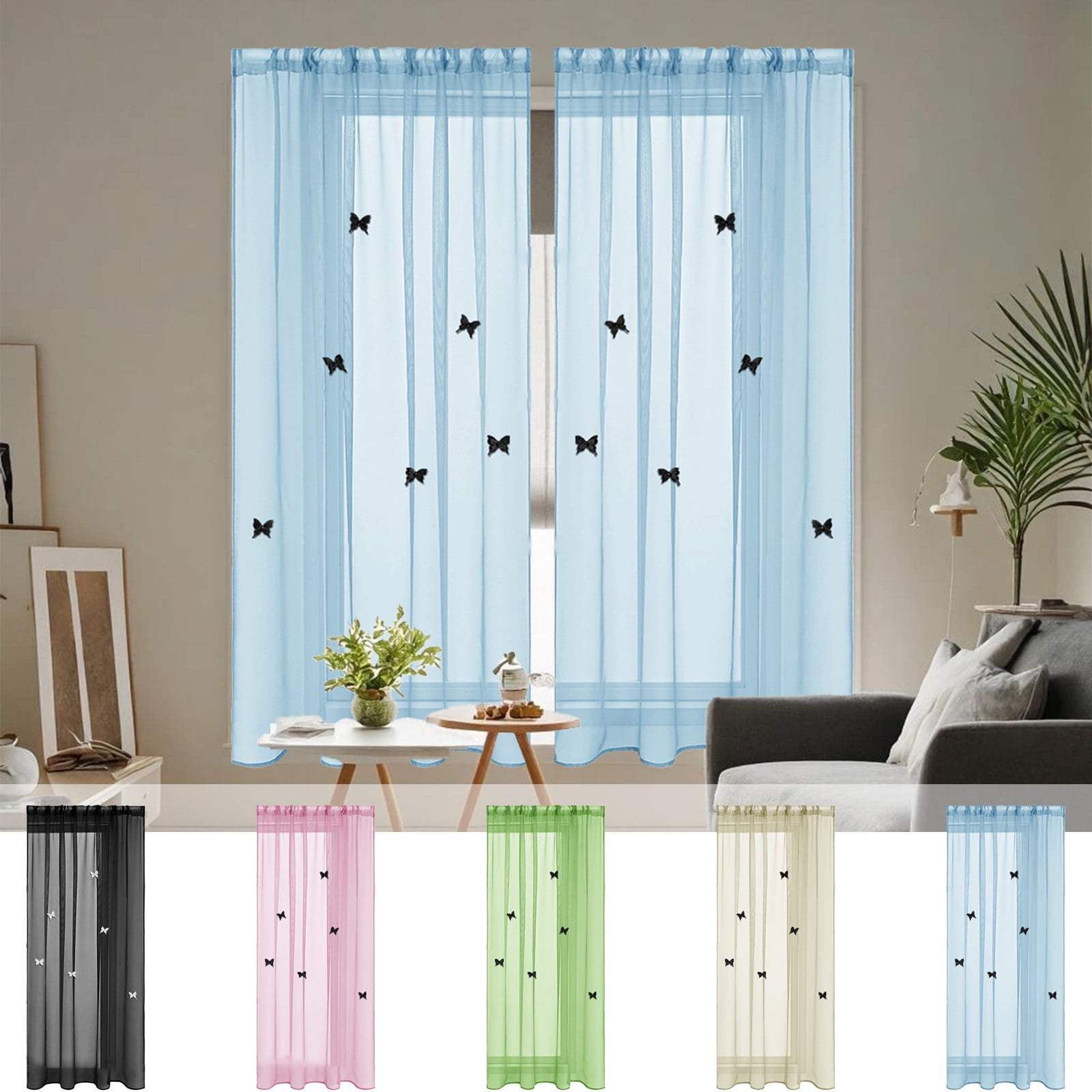 Solid Color Sheer Curtains with Double-Layered Stereoscopic Butterfly ...