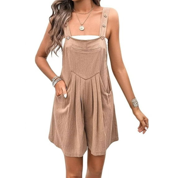 Solid Color Short Overalls Brown S