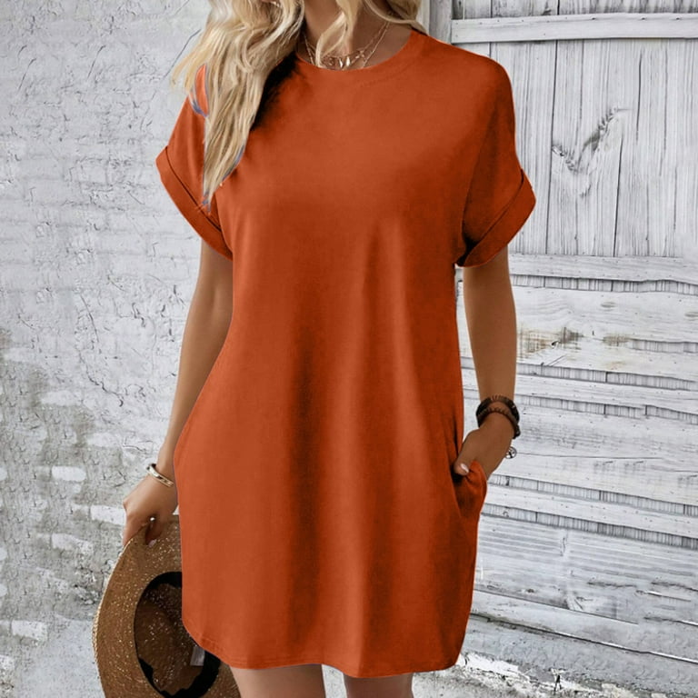 Solid Color Short Sleeve Crew Neck Batwing Weekend Loose Leisure Women S Casual Dress Women S Solid Color Round Neck Bat Sleeve Short Sleeve Hidden