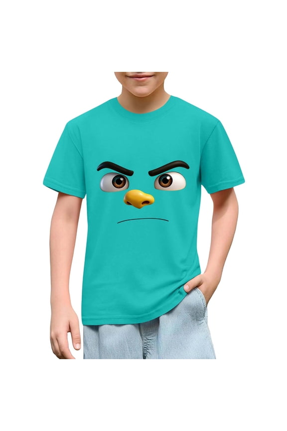 Solid Color Short Sleeve Graphic Tee for Kids with Cute Expression Print, Loose Fit Comfortable T-Shirt Top for School and Play