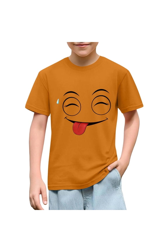 Solid Color Short Sleeve Graphic Tee for Kids with Cute Expression Print, Loose Fit and Comfortable Fabric for School and Play