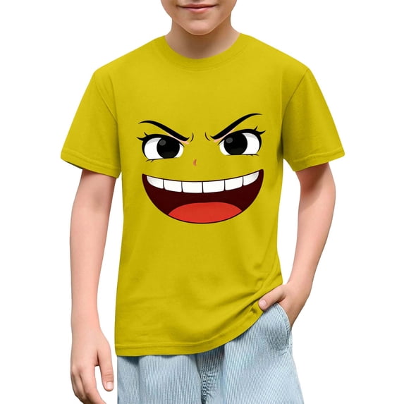 Solid Color Short Sleeve Graphic Tee for Kids with Cute Expression Print, Loose Fit and Comfortable Fabric for School and Play