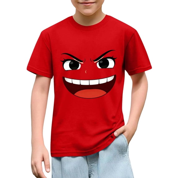 Solid Color Short Sleeve Graphic Tee for Kids with Cute Expression Print, Loose Fit and Comfortable Fabric for School and Play