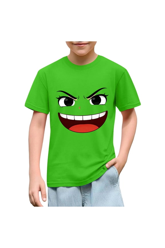 Solid Color Short Sleeve Graphic Tee for Kids with Cute Expression Print, Loose Fit and Comfortable Fabric for School and Play