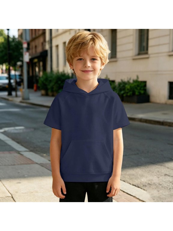 Solid Color Short Sleeve Hoodies for Boys Pullover Hooded T shirt with Front Pocket Casual Plain Short Sleeve Hooded Top with Kangaroo Pocket for Daily Wear School and Outdoor Activities