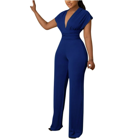 Solid Color Short Sleeve Jumpsuits for Women Deep V-Neck One Piece Outfits Pants Winter Slim-Fit Casual Rompers Overalls