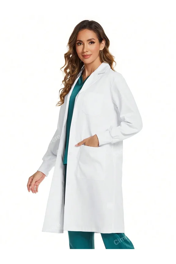 Solid Color Single-Breasted Casual Long Sleeve Lab Coat With Ribbed Cuffs