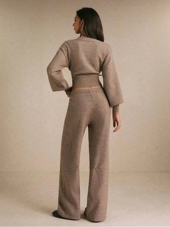 Solid Color Single-Breasted Dropped Shoulder Knit Cardigan & Pants Set for Women Casual