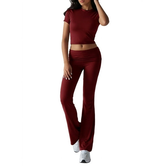 Solid Color Slim Fit Short Sleeve Trousers Suit Wine Red XS