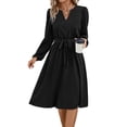 thumbnail image 1 of Solid Color Split V Neck Long Sleeve Classic Dress Knee Length, 1 of 5