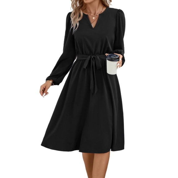 Solid Color Split V Neck Long Sleeve Classic Dress Knee Length