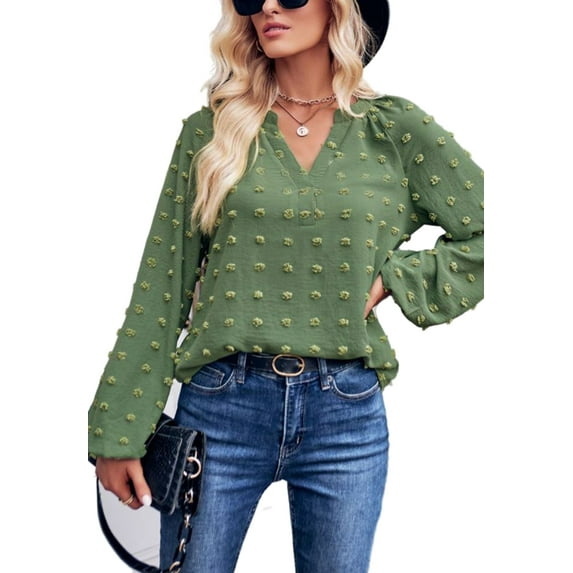 Solid Color Split V Neck Swiss Dot Long Sleeve Blouse for Women Green Medium