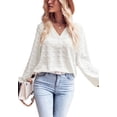 thumbnail image 1 of Solid Color Split V Neck Swiss Dot Long Sleeve Blouse for Women White Large, 1 of 5