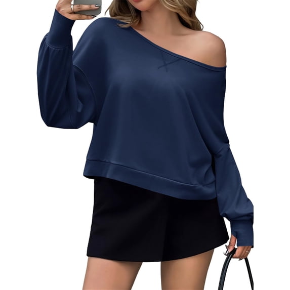 Solid Color Spring Fall Long Sleeve Off Shoulder Casual Crop Sweatshirt