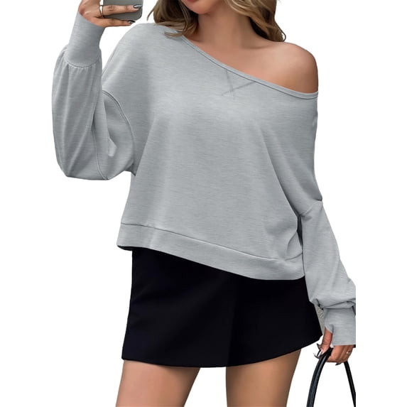 Solid Color Spring Fall Long Sleeve Off Shoulder Casual Crop Sweatshirt