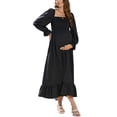 thumbnail image 1 of Solid Color Square Neck Shirred Maxi Dress Above Ankle Length Black Small, 1 of 3