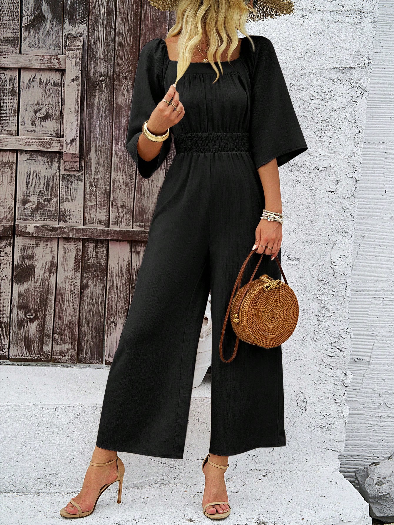 Solid Color Square Neckline Wide Leg Jumpsuit With Waist Tie