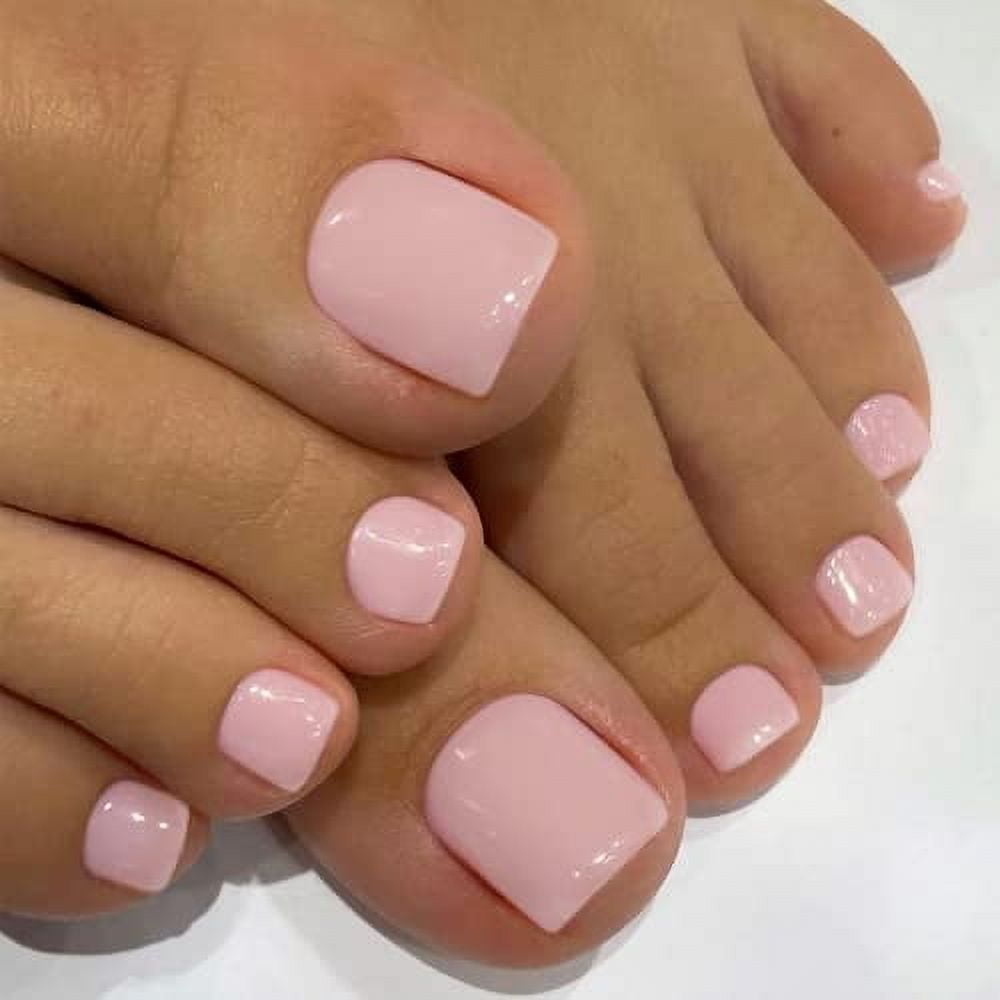 Solid Color Square Press on Toenails Short,Glossy Fake Toenails Press on Nails Acrylic Toe Nails,Reusable Baby Pink Toenails Fake Toe Nails Natural in 24 PCS,Seamless Fit Toe Nails Glue on
