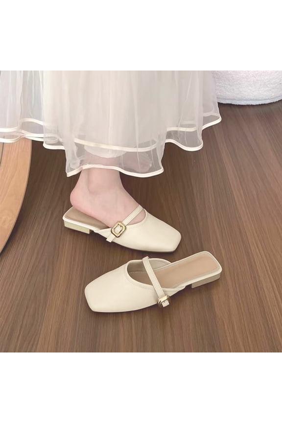 Solid Color Square Toe Flat Mules Ladies Backless Slip On Mary Jane Slides Spring Summer Dress Shoes