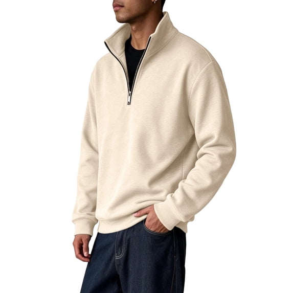 Solid Color Stand Collar Pullover Sweatshirt for Men Featuring Quarter Zip Closure Long Sleeve Fleece Casual Sports Top