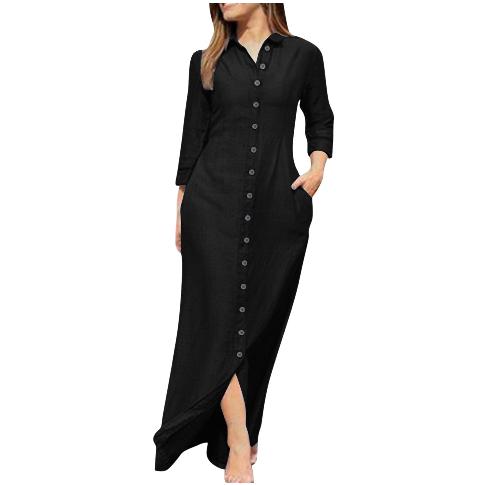 Solid Color Straight Denim Dress for Women Lapel Long Sleeve Button Down Dress Casual Ankle Length Dresses with Pockets Walmart