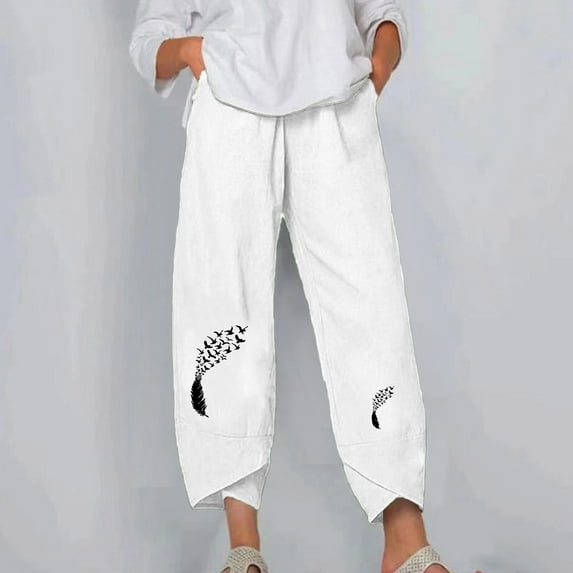 Solid Color Straight Leg Pants for Women Elastric Waist Tulip Hem Capri Pant with Pockets Loose Feather Printed Casual Pant