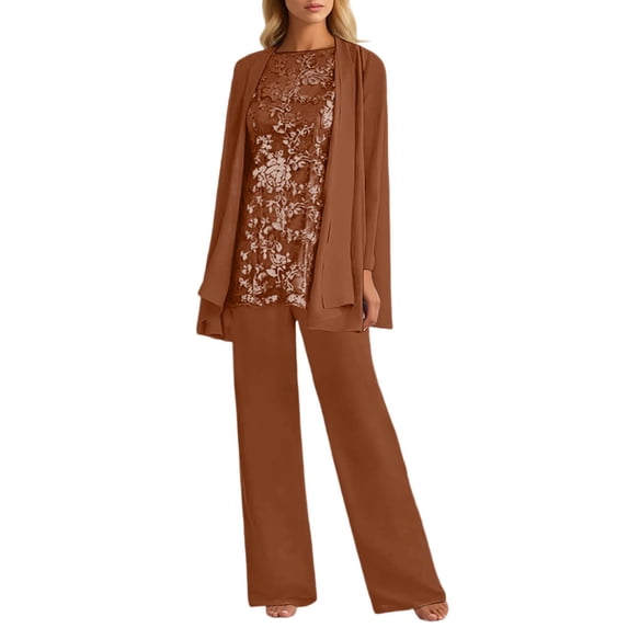 Solid Color Summer Elegant Long Sleeve Crew Neck Lace Chiffon Floral Top and Wide Leg Pants Two Piece Outfit for Women Wedding Guest Plus Size Brick Red XXXL