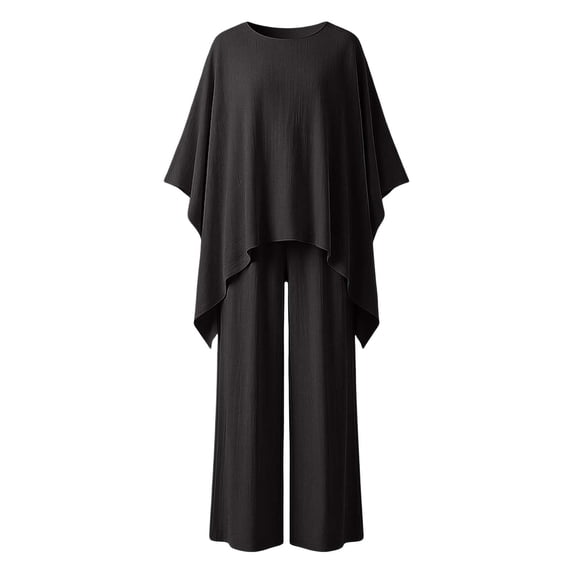 Solid Color Summer Elegant Loose Fit Long Sleeve Crew Neck Shirt and Wide Leg Pants Two Piece Outfit Women Minimalist Style Grey S