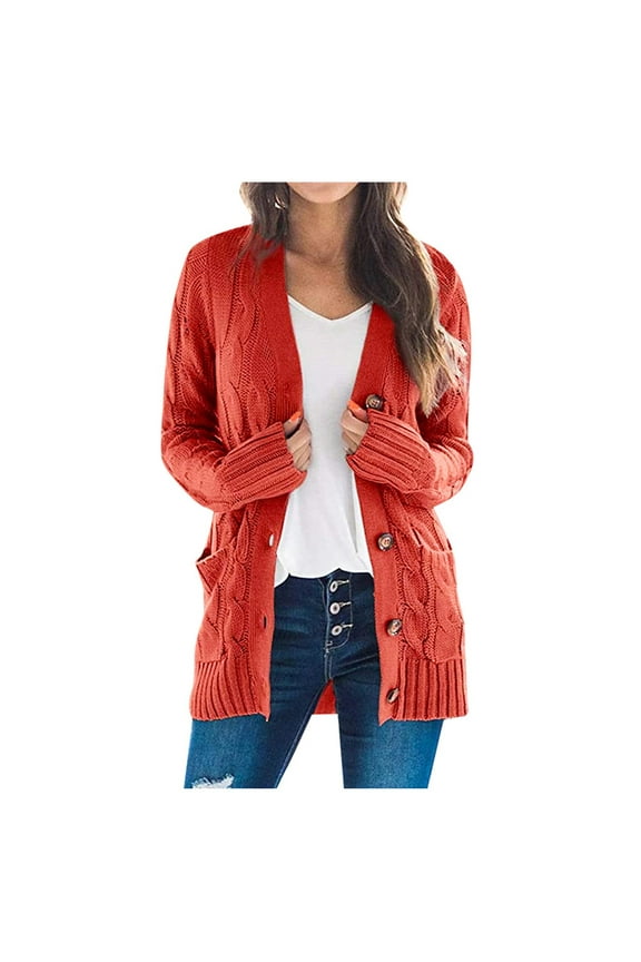 Solid Color Sweaters for Women Cardigan Open Front Knitted Button Down Long Sleeve Fitted Cardigan with Pockets