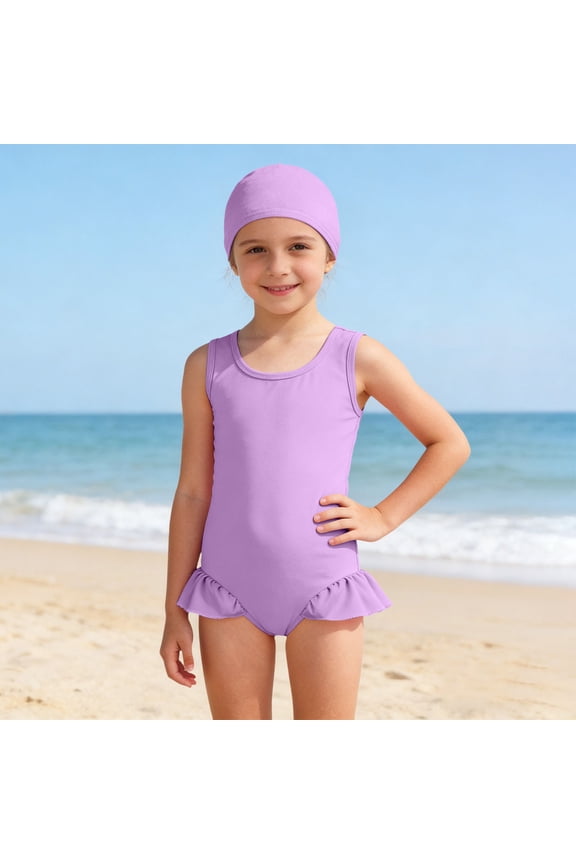 Solid Color Swimsuit With Matching Cap For Girls Comfortable Swimwear Girls Swimsuit Guard Anime Girl Bathing Suit Cow Swim Suit Girls Cute Baby Suits Teens Swimming Suits for Kids Girls Kids Bathing