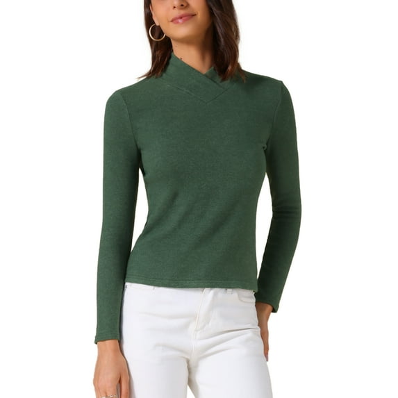 Solid Color T-Shirt for Women Asymmetrical Collar  Long Sleeves Basic Tops XS Dark Green