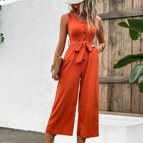 Solid Color Tank Jumpsuits for Women Sleeveless Wide Leg Rompers Overalls with Pockets Tie Waist Button up Outfits Pants