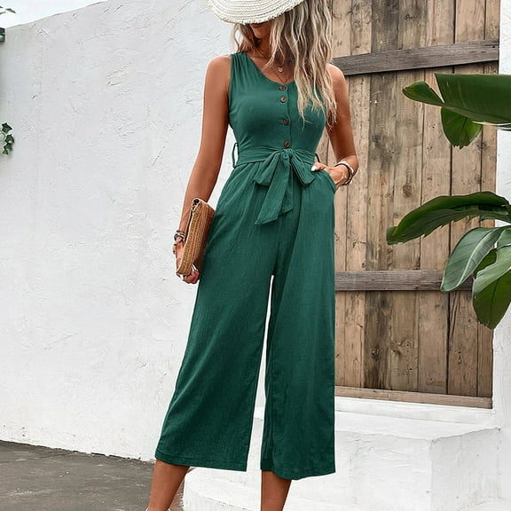 Solid Color Tank Jumpsuits for Women Sleeveless Wide Leg Rompers Overalls with Pockets Tie Waist Button up Outfits Pants