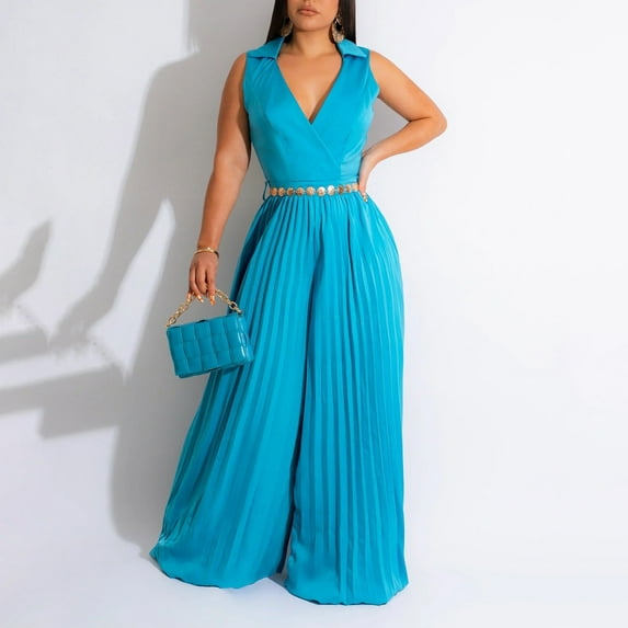 Solid Color Tank Jumpsuits for Women Slim Waist Wrap Deep V-Neck Rompers Sleeveless Pleated Wide Leg Floor Length Outfits Pants