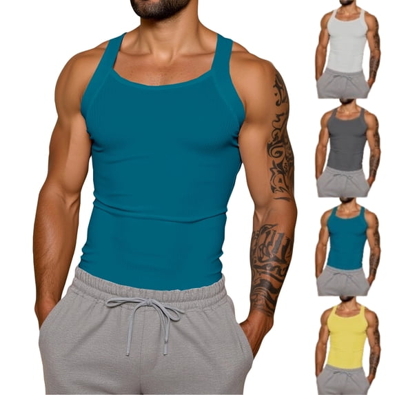 Solid Color Tank Top for Men Sleeveless Slim Fit Top Round Neck Stretchy Cotton Ribbed Wide Strap Casual Gym Daily Shirt, #02 Turquoise, L